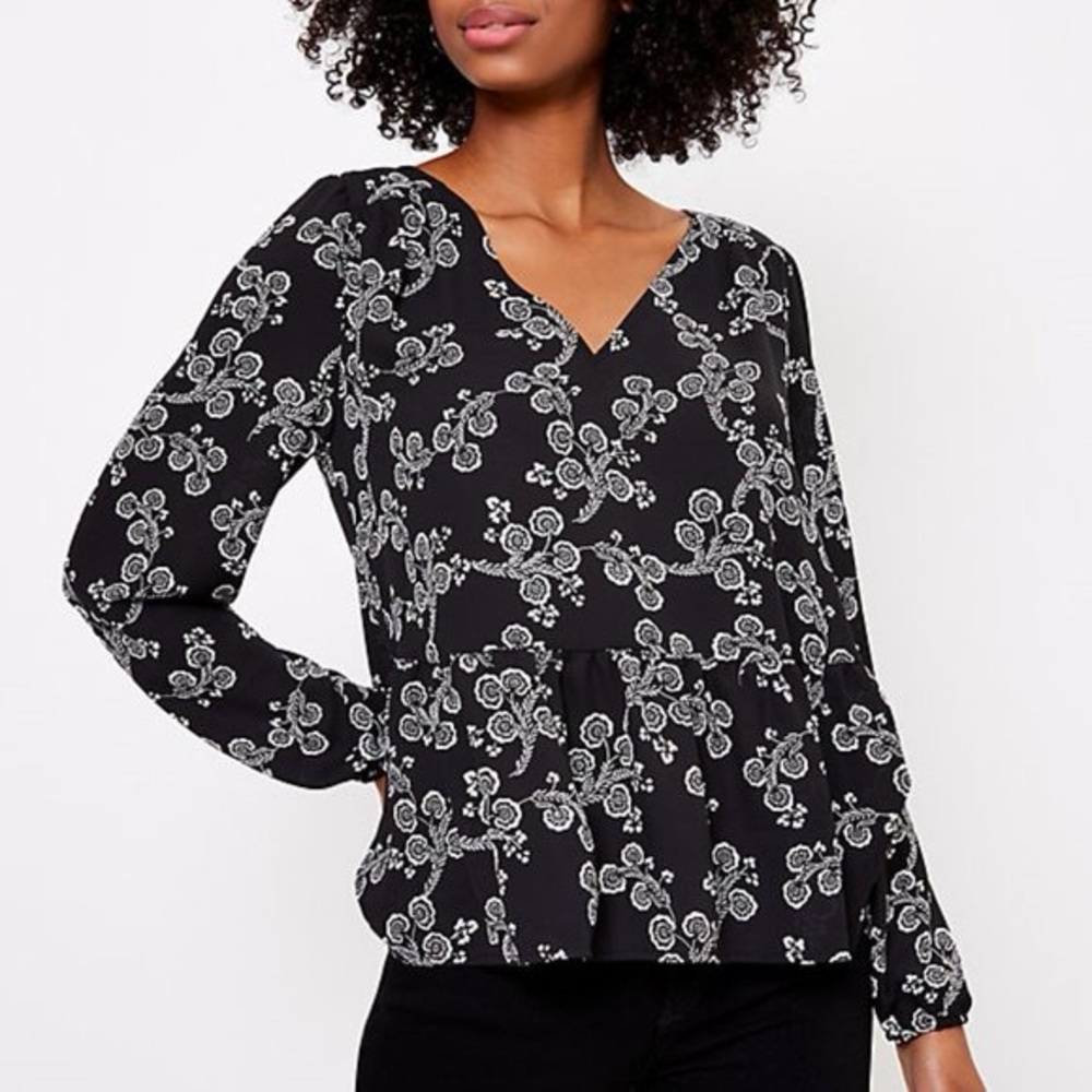 LOFT Black White Floral Peplum Blouse Size S New with Tags
